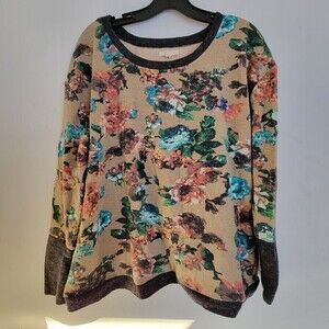 ModCloth Tulle Tan Brown Floral Knit Long Sleeve Pullover Wool Blend Sweater Med